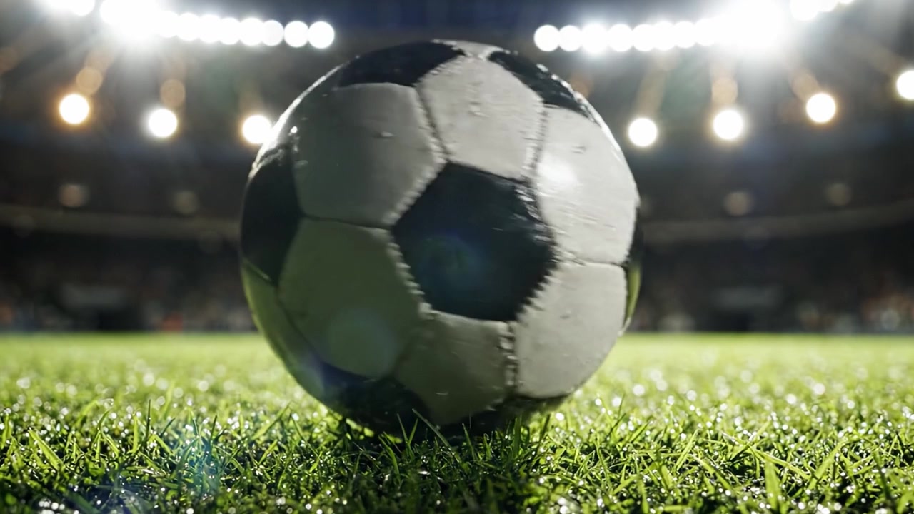 Stadyum Işıkları Altında Yağmur Islak Bir Sahada Futbol Topunun Yakın Çekimi, Dinamik Bir Oyunun Özünü ve Hem Oyuncuların Hem de Taraftarların Beklentisini Yakalıyor