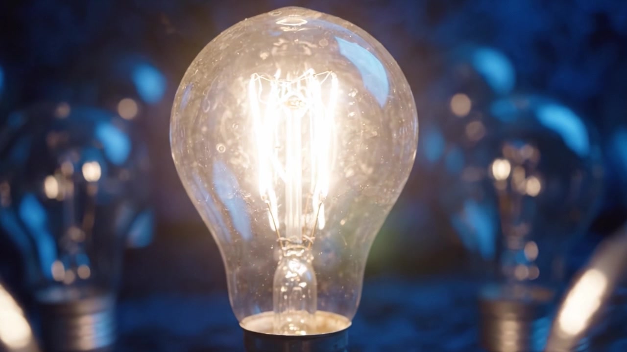Lampadina illuminata circondata da altre: una mostra affascinante di brillantezza e design in un ambiente scuro che esalta la bellezza dell'illuminazione.