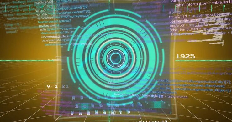 Futuristic Digital Interface with Rotating Atom Symbol and Data Code
