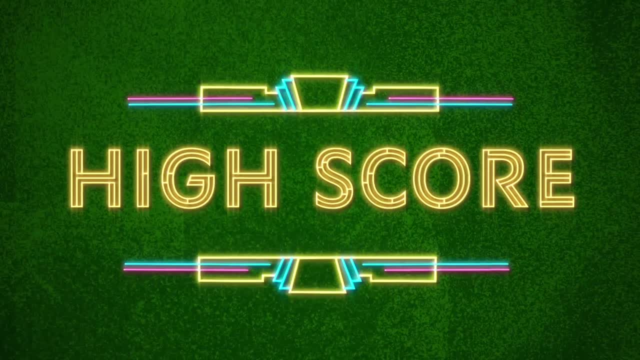 변화하는 초록색 그런지 배경에 대한 네온 하이 스코어의 디지털 애니메이션