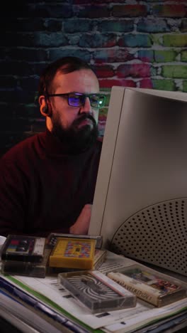 man from 1980's listening music from audio cassette tapes in front of desktop computer, vertical view