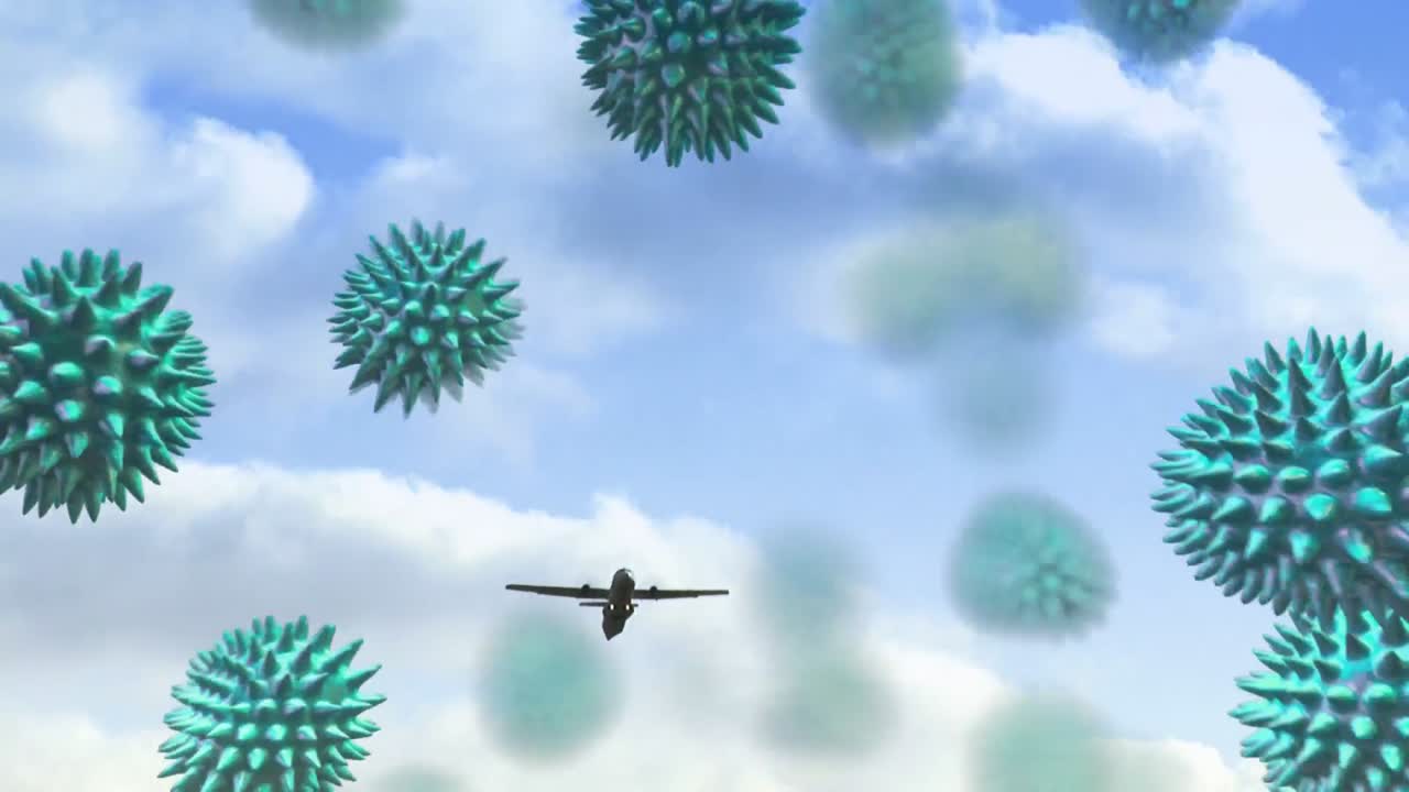 animación de células de macro coronavirus covid-19 que se propagan sobre un avión que vuela en un cielo azul.