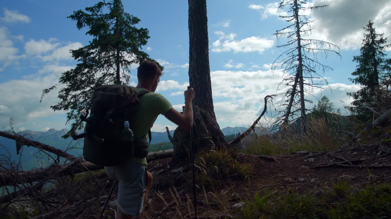 hombre caminando en el bosque a la montaña