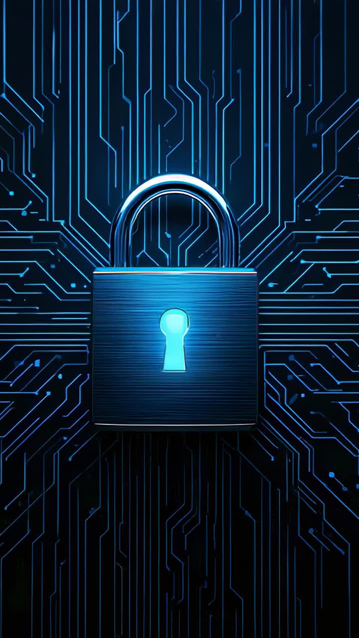 Vertical video: Displaying padlock glowing blue keyhole at center on circuit board, securing system