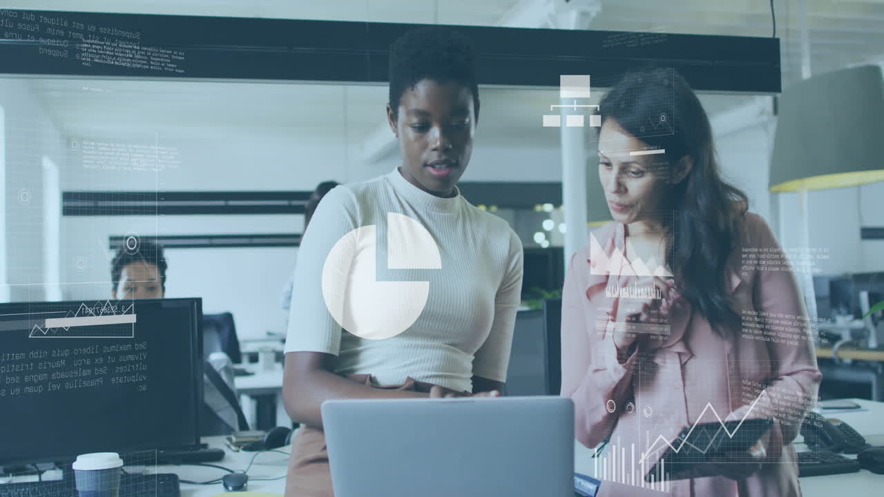 Animation of financial data processing over diverse business people in office