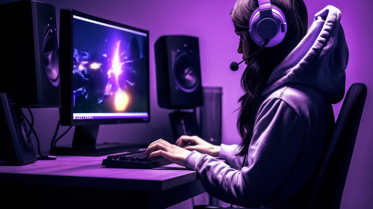 A gamer in a hoodie and headset focuses on a video game, captured from a side angle