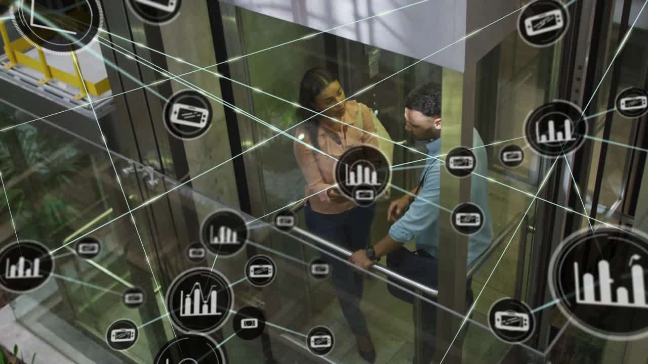 Woman tapping device, explaining analytics to coworker in glass elevator, graph overlay expanding