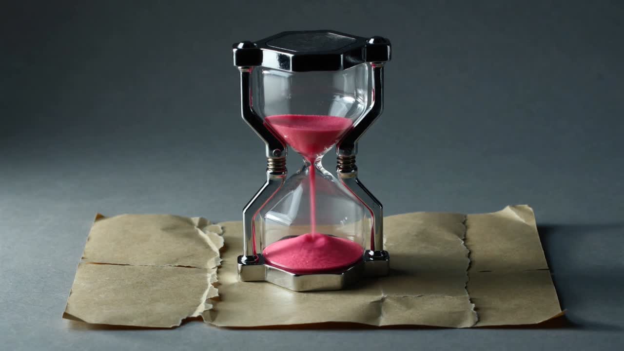 Gravity pulling hexagon metal hourglass flowing pink sand on torn paper on gray table marking time