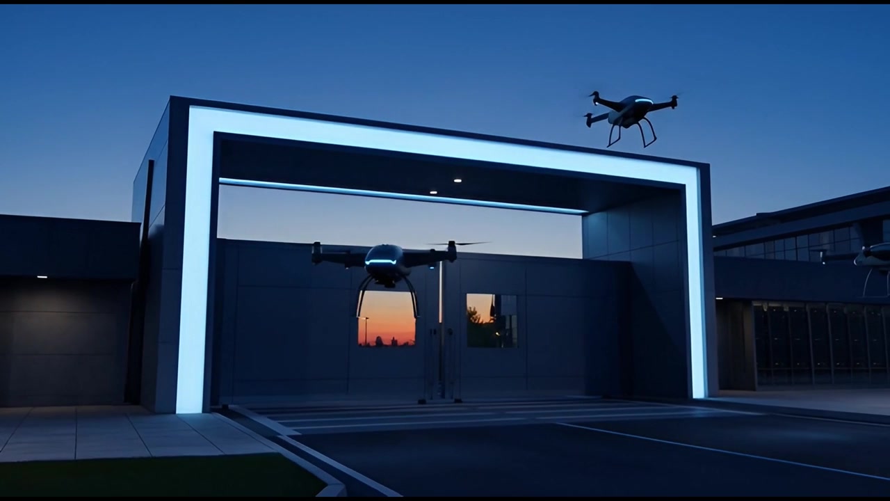 Droni futuristici che volteggiano all'ingresso di una struttura moderna al tramonto