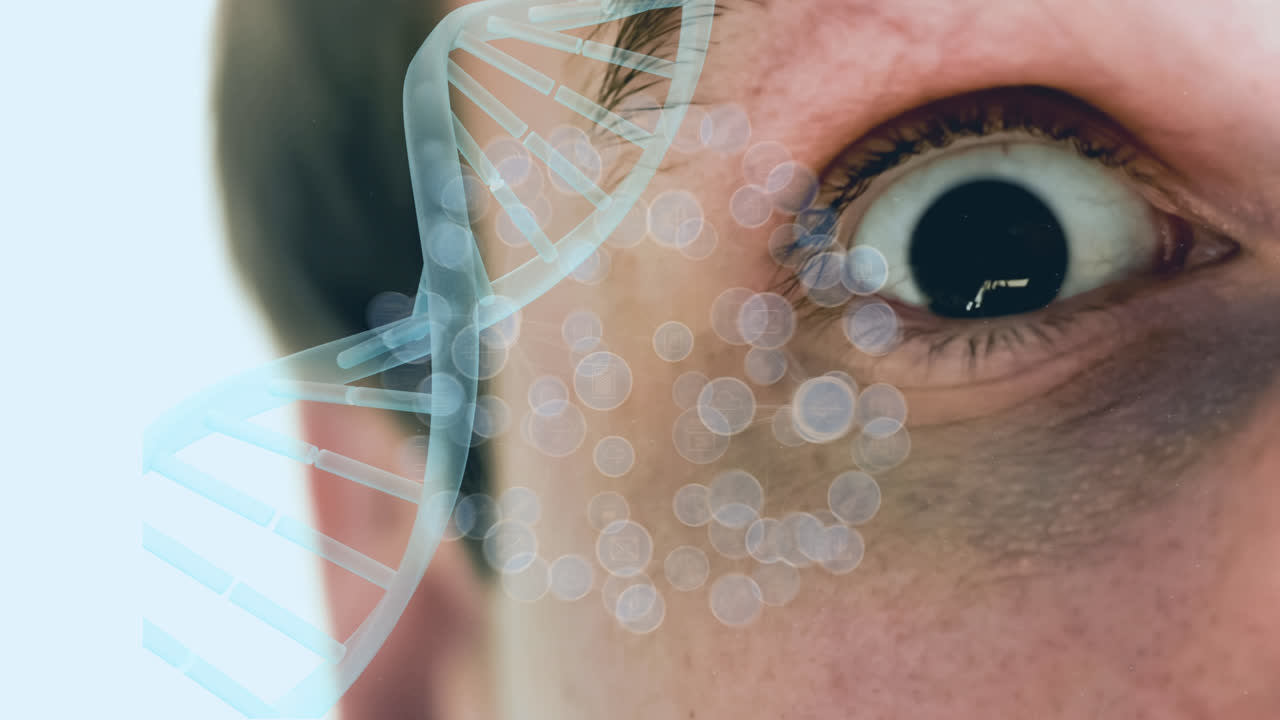 눈 위에 있는 dna 스트랜드와 미디어 아이콘의 애니메이션