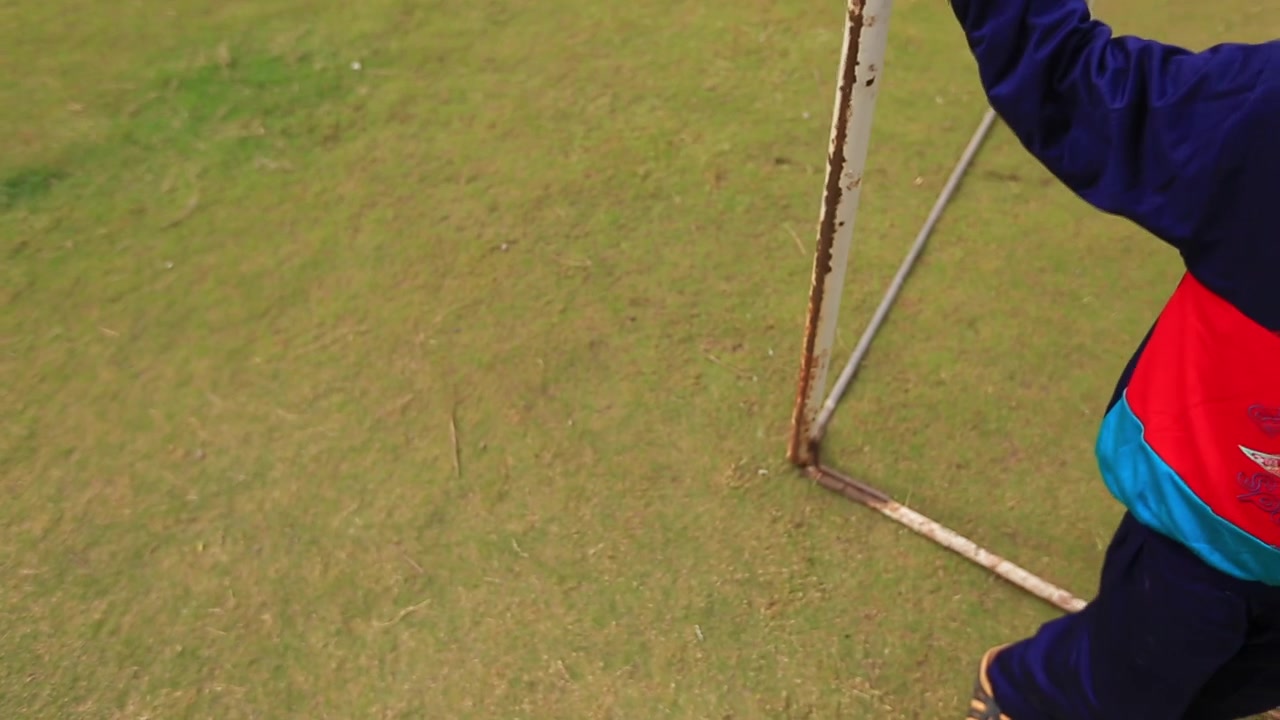 Een verticale opname van groen gras in een voetbalveld. De ondergrond is een groen grasveld, een groen stuk land, en deze opname kan in uw video worden gebruikt.
