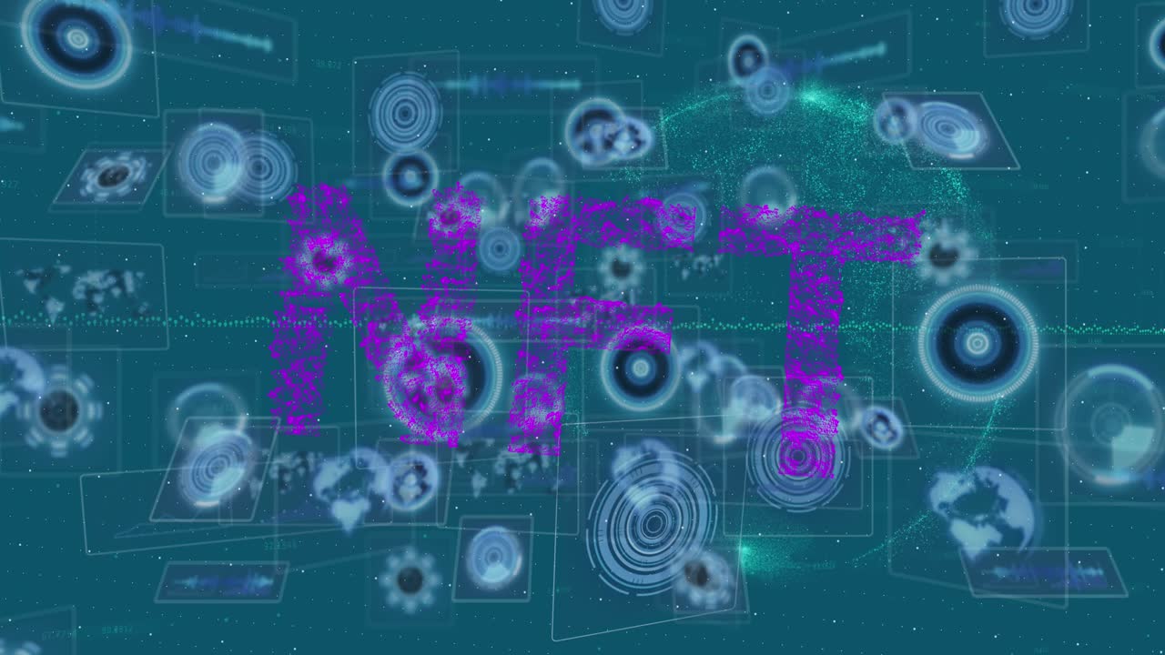 Animation of nft text over globe and data processing