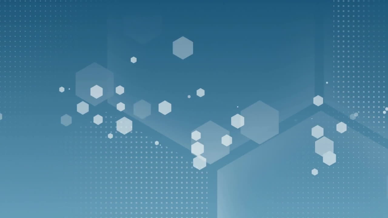 animación de formas hexagonales y puntos sobre un fondo de gradiente azul
