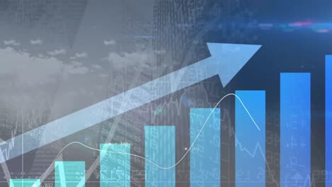 Animación-Del-Procesamiento-De-Datos-Estadísticos-Sobre-Nubes-En-El-Cielo-Contra-Edificios-Altos