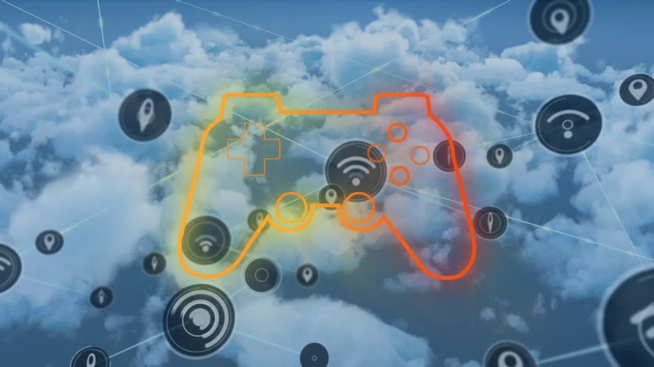 Animation of network of connections with icons over cloudy sky