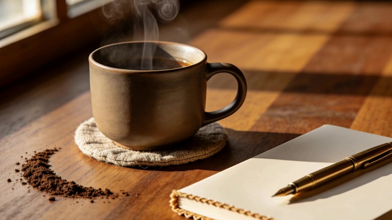 Tazza fumante di caffè che si raffredda su un tavolo di legno vicino alla finestra con sottobicchiere, fondi e quaderno