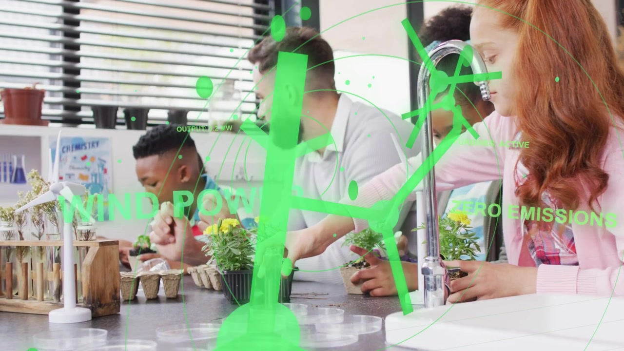 Teacher guiding kids planting seedlings at counter with animated wind icons over showing wind power