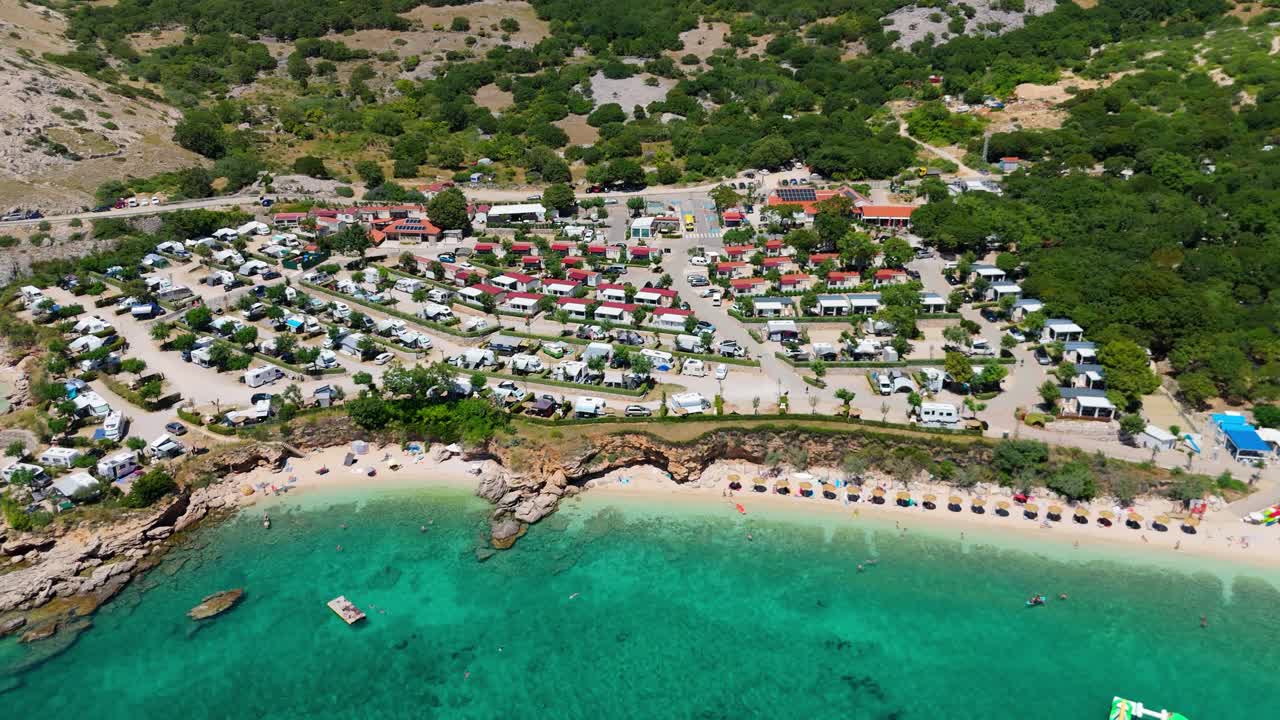 Campsite at Campig Skrila, Krk Island, Stara Baska Croatia, Aerial View of the Mountains and Coast With Boats, Beaches and Adriatic Sea. The Seaside Rv Campmobiles on a Summer Beautiful Coastline