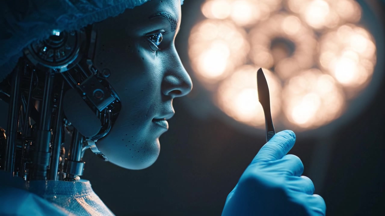 Futuristický chirurgický robot s připraveným skalpelem k asistenci na operačním sále, osvětlený jemnou září a zdůrazňující pokročilé technologie