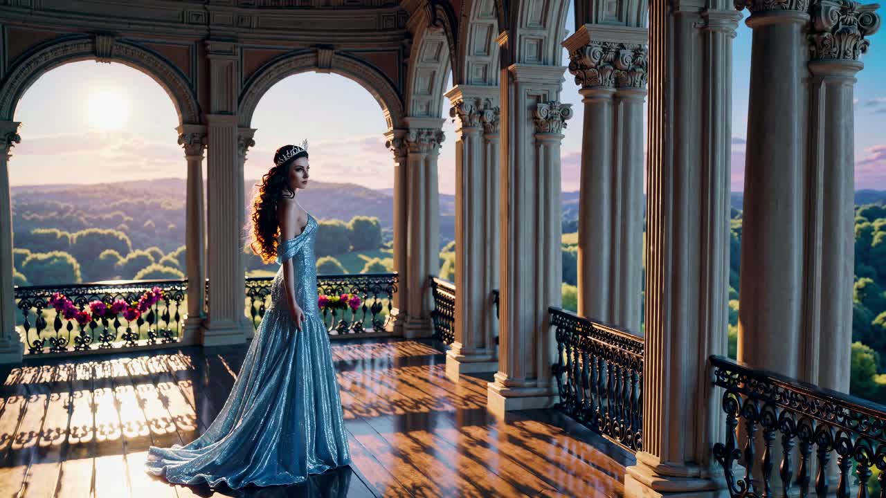 A regal woman in a flowing gown stands on a sunlit balcony