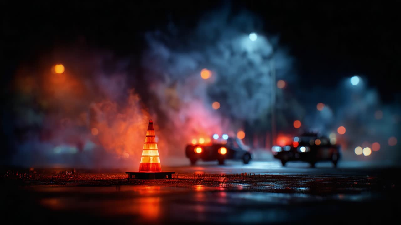 A Night Scene Featuring Emergency Vehicles and Traffic Cones Amidst Smoke and Colorful Street Lighting, Emphasizing the Tension of a Late-Night Incident