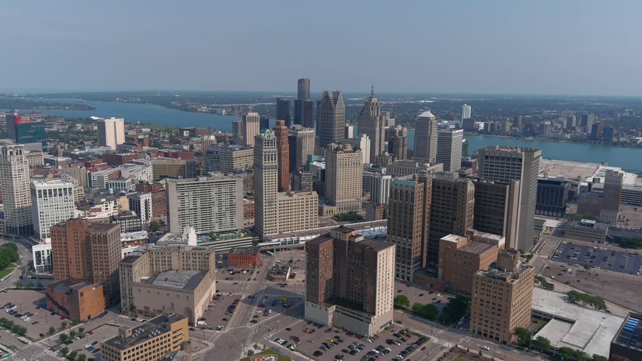디트로이트 시내의 높은 각도 공중 샷