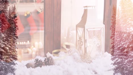 animation of candles over window with christmas decorations