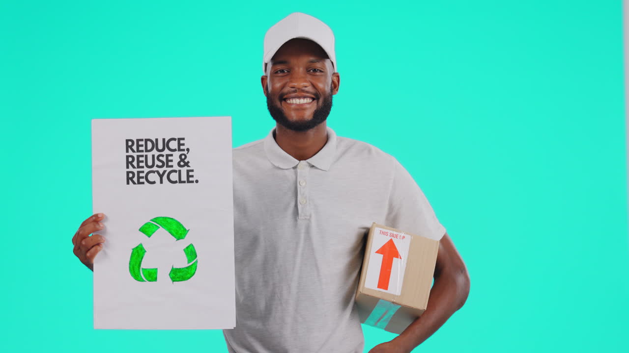 Black man, box and recycle in logistics