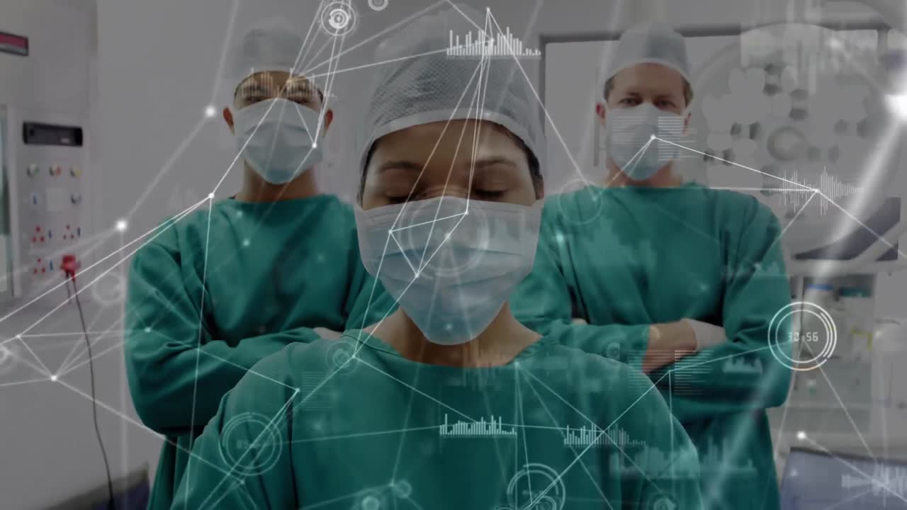 animación de la red de conexiones entre dos cirujanos caucásicos en el quirófano