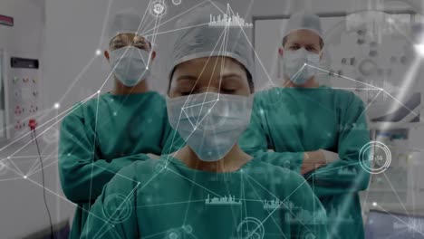 Animation-of-network-of-connections-over-two-caucasian-surgeons-in-operating-theater