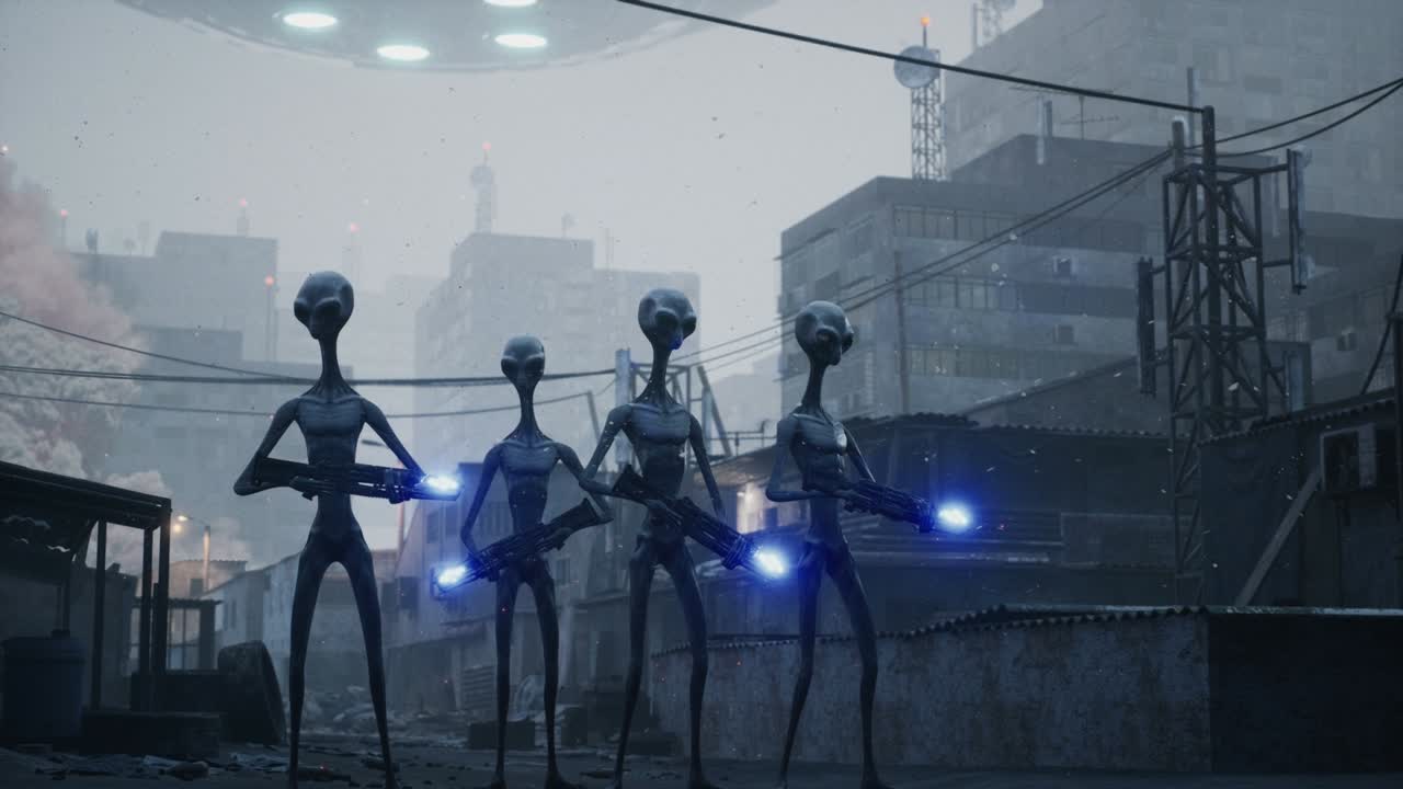 Alien invaders from deep space with energy weapons have landed in the city. Apocalyptic atmosphere of a planet being destroyed. The animation is perfect for apocalyptic, sci-fi and space backgrounds.