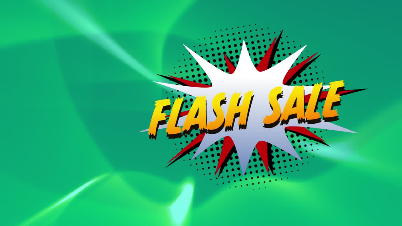플래시 판매 녹색 배경에 디지털 파도에 대한 레트로 음성 거품 위에 텍스트