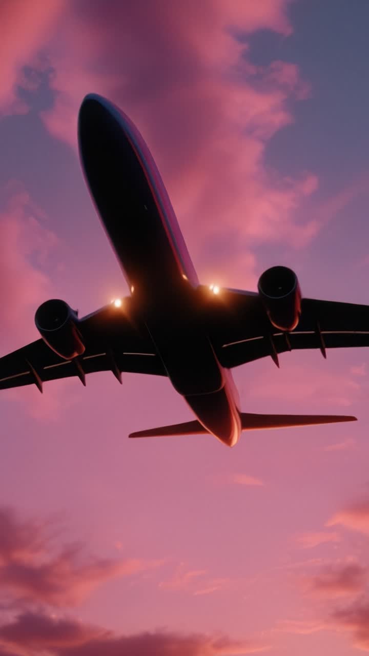 In volo verso il tramonto: un aereo che sale contro un cielo vibrante rosa e viola di sera, catturando la bellezza del volo e dell'avventura.