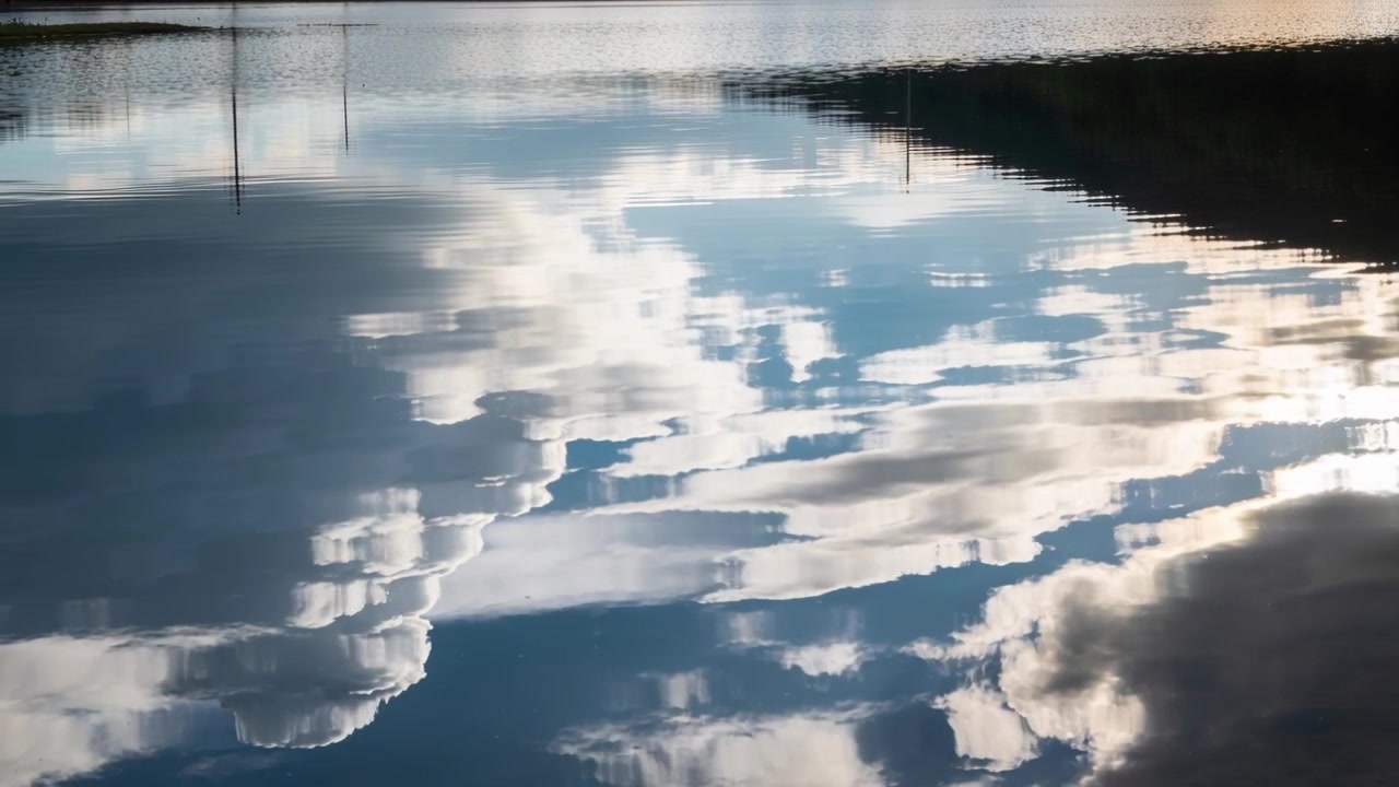 Shifting cloud reflections shimmering across water at shoreline posts, light wind causing ripples