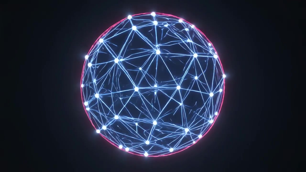 Globo luminoso pulsante con filamenti in movimento, anello magenta che pulsa e innesca bagliori di nodi in una vignettatura scura.