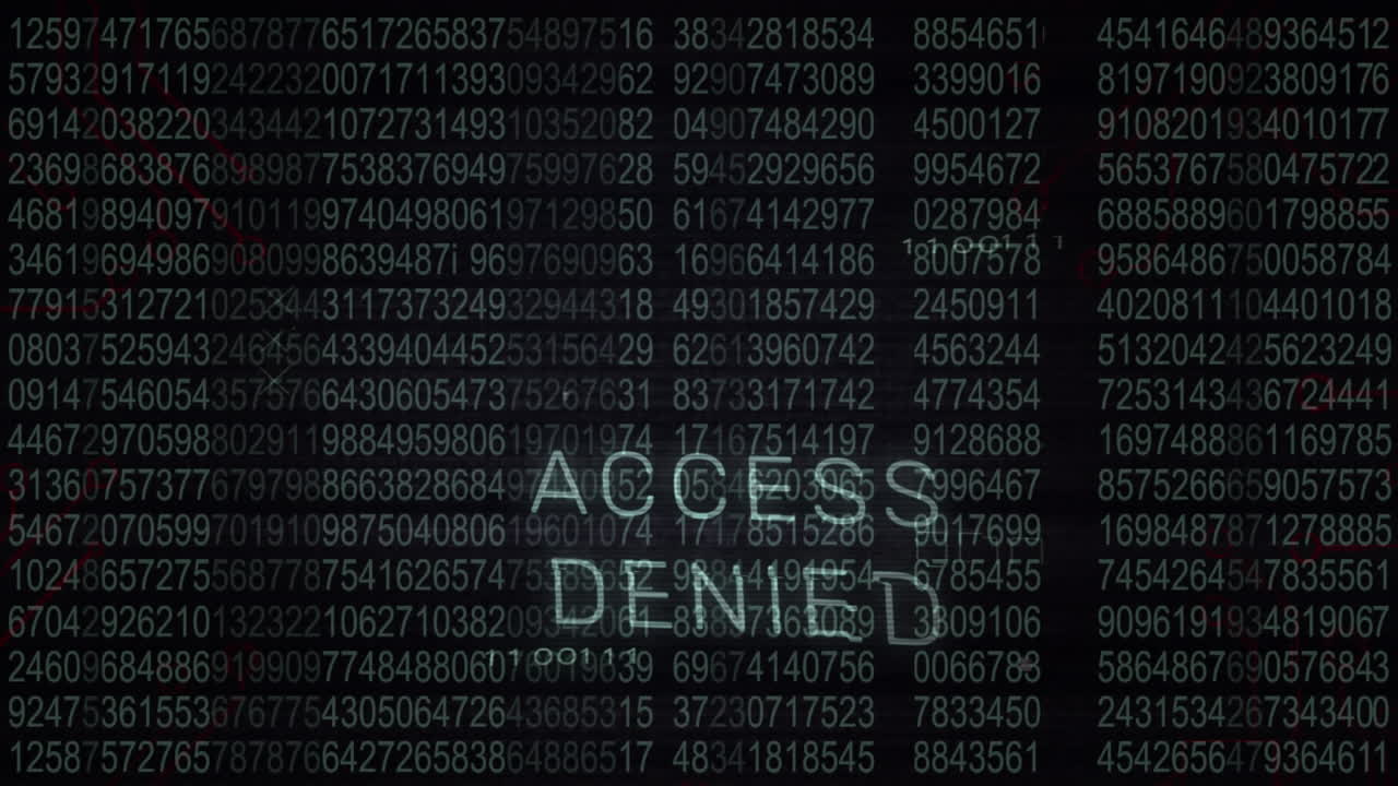 Animation of access denied text with icons over data processing on black background
