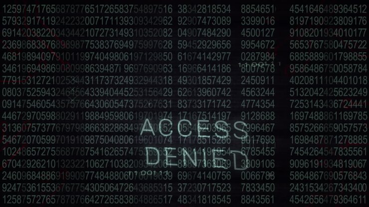 Animation of access denied text with icons over data processing on black background