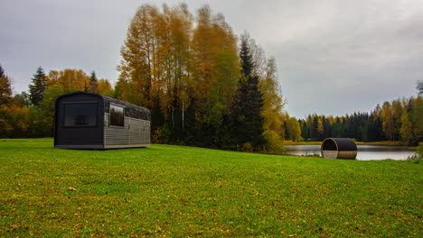 autumn timelapse cabin and barrel landscape during october autumnal scene view