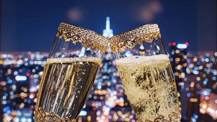 Brindisi con champagne e luci della città
