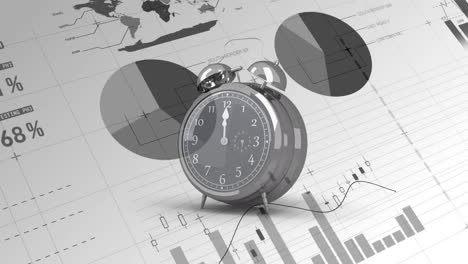 animación del despertador que suena a las doce horas sobre estadísticas y procesamiento de datos financieros