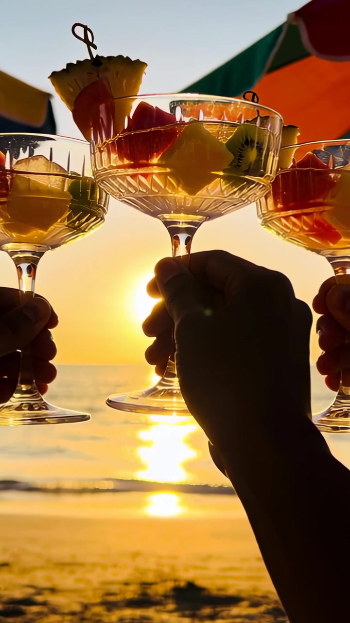 Video verticale: Una mano che entra afferra dei bicchieri a coppa, un gruppo brinda con spiedini di frutta in spiaggia.