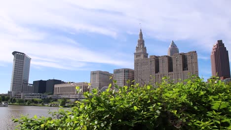 cleveland, ohio skyline panning into the cuyahoga river