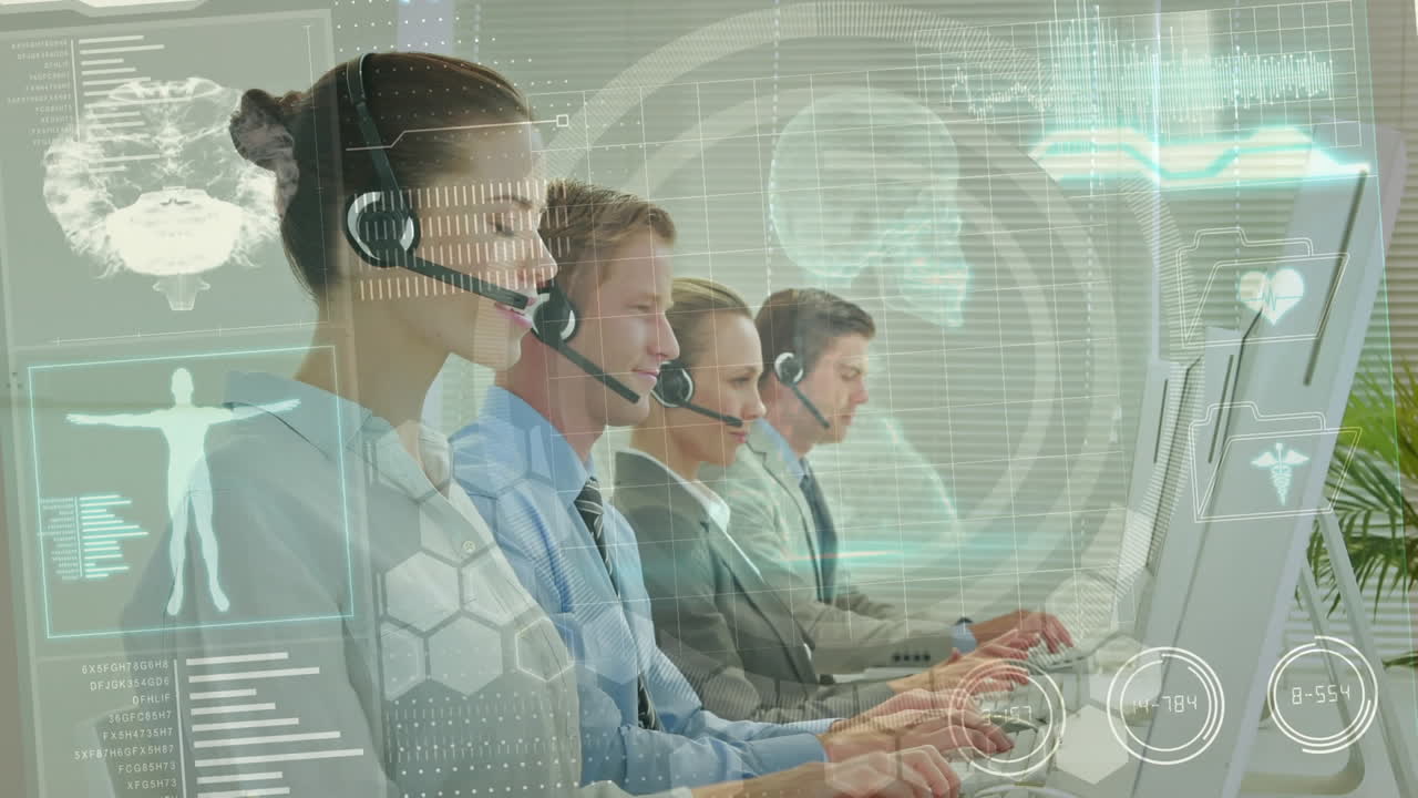 헤드 ⁇ 을 착용한 사업가들에 대한 의료 데이터 처리 애니메이션