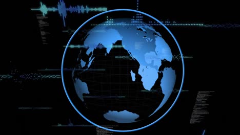 Animation-of-spinning-globe-and-data-processing-against-black-background