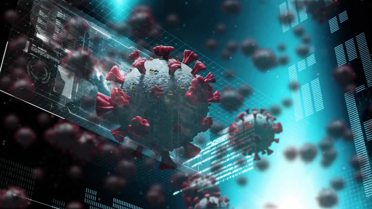 Animation of covid cells flying over data processing