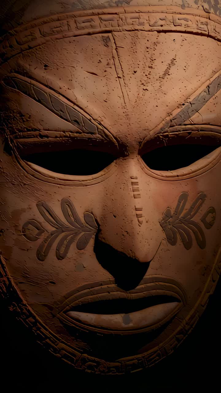 Vertical video: Shifting spotlight revealing terracotta mask at gallery wall, highlighting texture