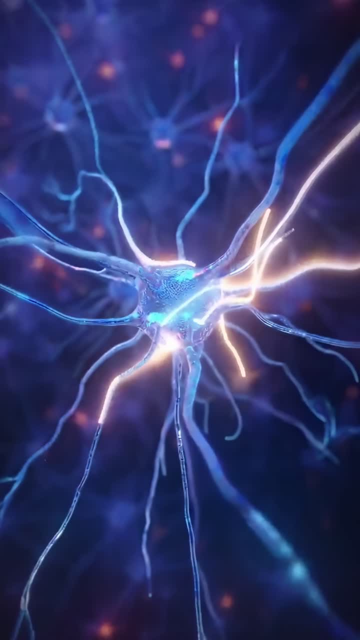 Close-up video of glowing neural network, showcasing vibrant blue and purple hues