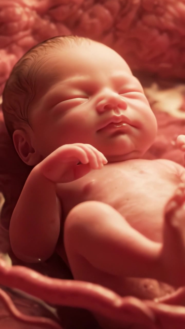 Un neonato sereno che riposa pacificamente in un ambiente morbido, catturando l'innocenza e la purezza della nuova vita in un'atmosfera delicata e calda.