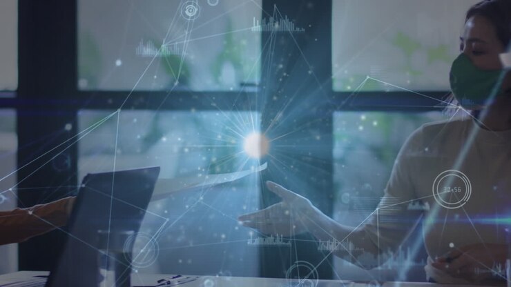 Animation of network of connections with data processing over diverse business people at office