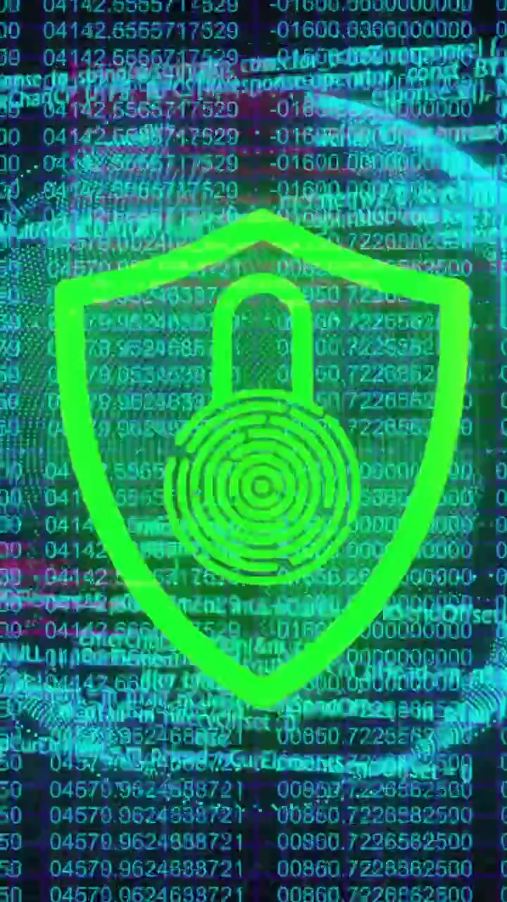 Red lock shield icon over digital binary code and data security animation